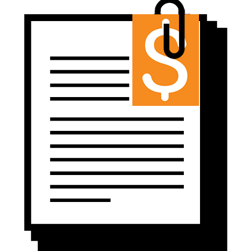 Paper with orange dollar sign and paper clip icon